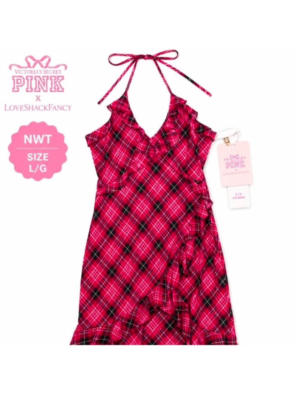 NWT PINK Victoria's Secret x LoveShackFancy Plaid Ruffle Halter Midi Dress Large